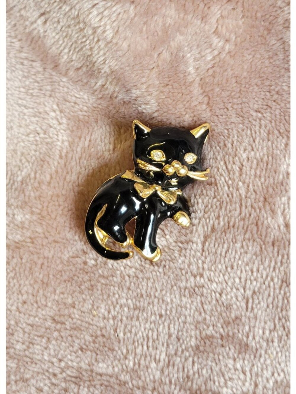 Cute Gold Tone Black Enamel Rhinestone Eye Kitten Cat Brooch Pin BR1